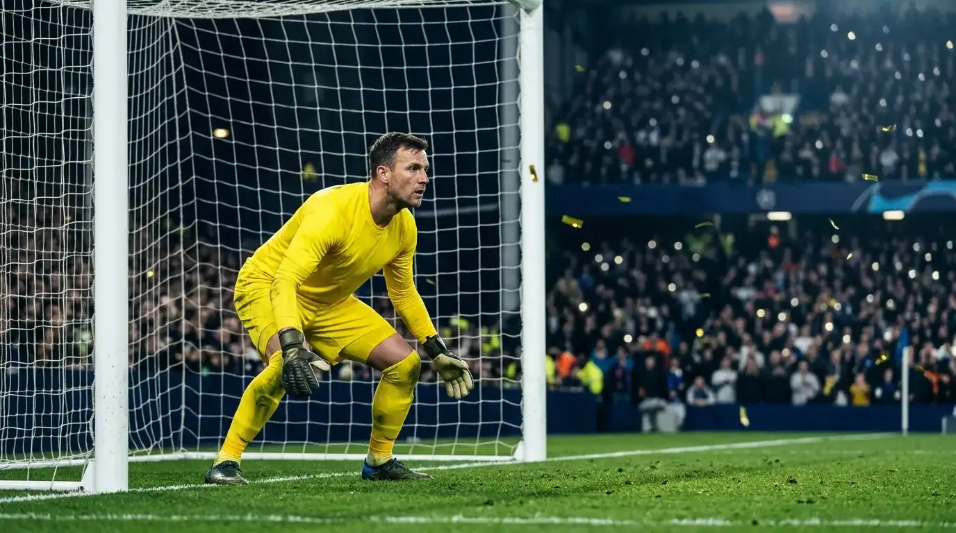 Fokuserad fotbollskeeper i gult i förgrunden med suddig vy av ett stadion bakom, moln av konfetti över planen, kväll