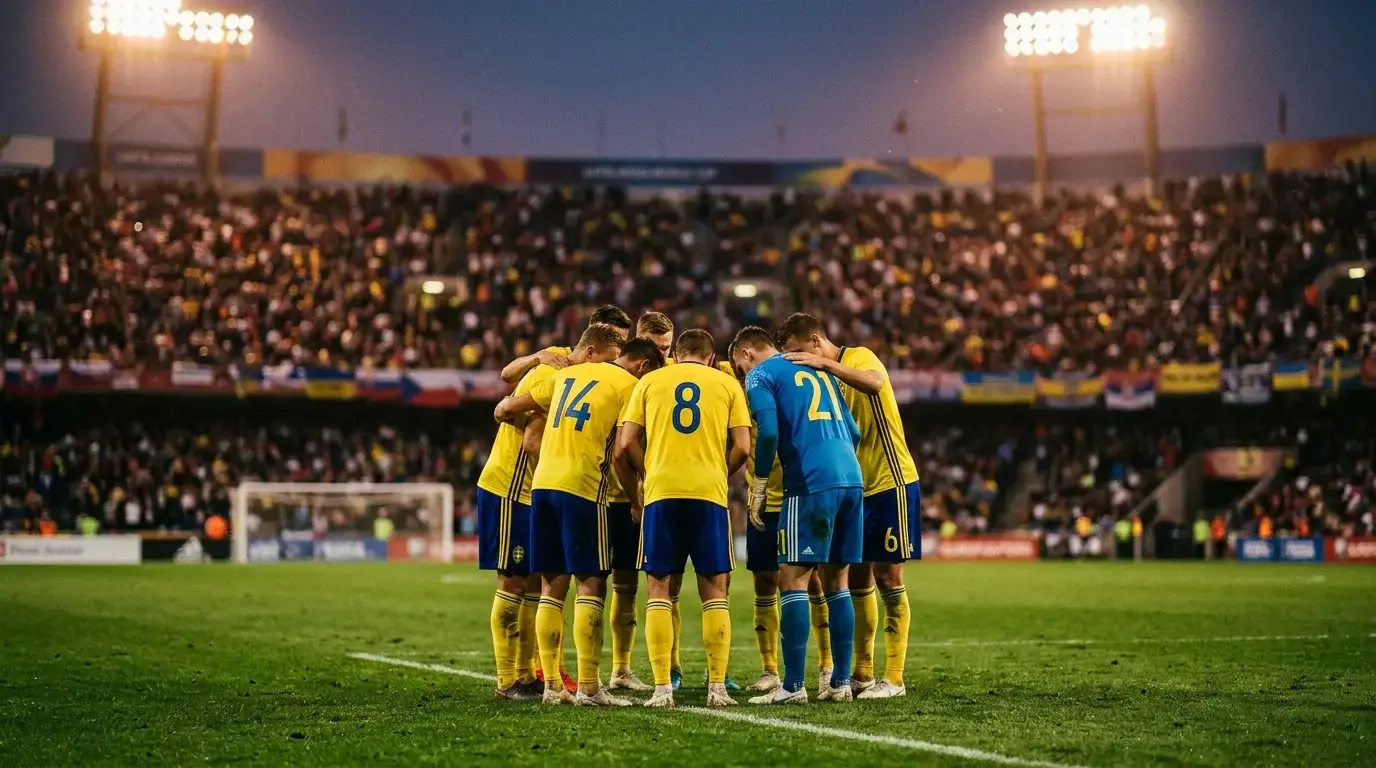 Svenska landslagsspelare samlade på planen under en VM-match i gult och blått