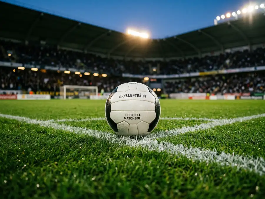 Närbild på en fotboll på mittcirkeln av en grön plan under stark belysning